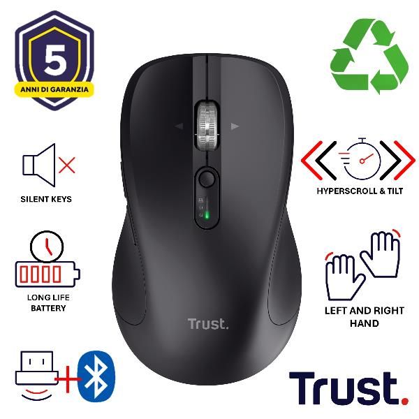 Mouse Trust Wireless Y Bluetooth Ferro Negro 3200 Dpi Ajustable 9 Botones 3 Dispositivos