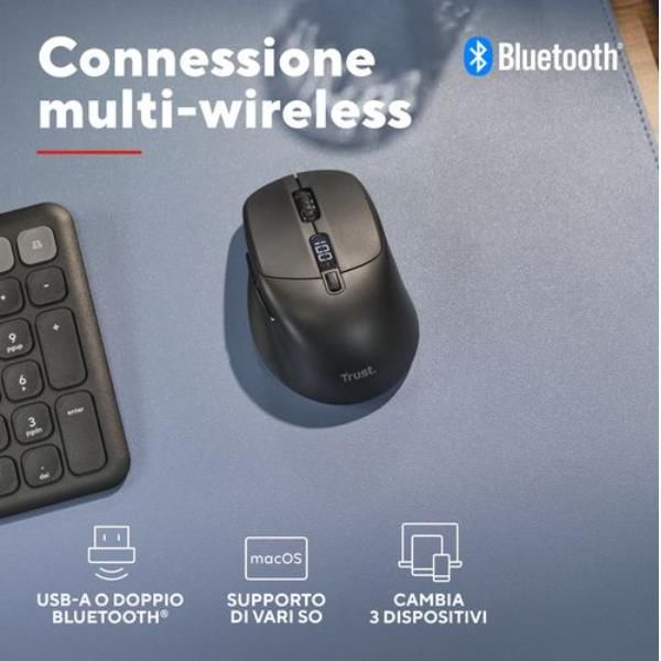 Mouse Trust Wireless Zevo Bt/2.4ghz 6 Botones 1200-3200dpi Recargable Color Negro.