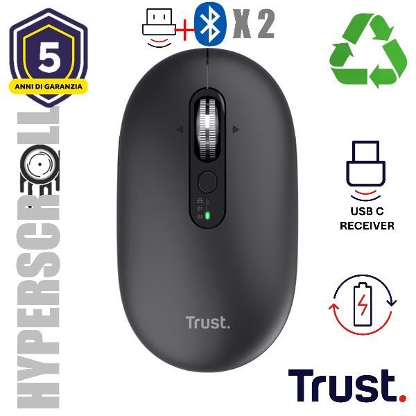 Mouse Trust Wireless Seron Hypscroll Slim 400-2400dpi 6 Botones Recargable Fsc Grs Negro