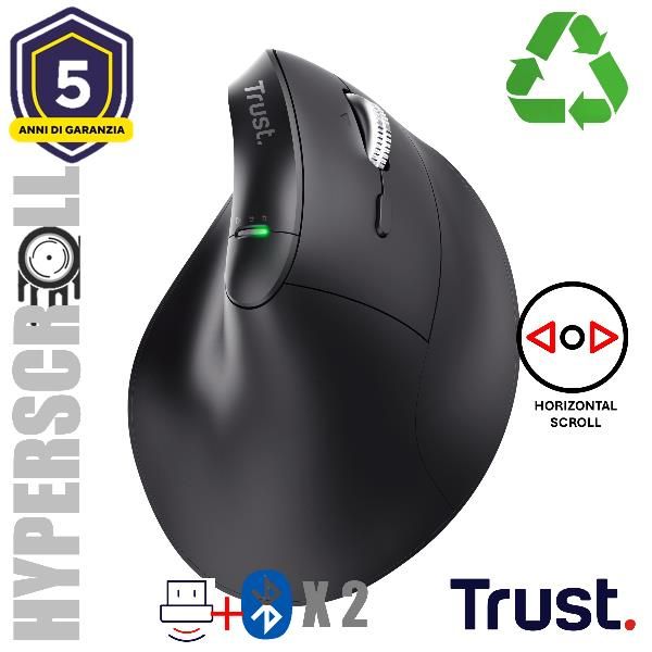 Mouse Trust Vyran Wireless Ergo 2400dpi 7 Botones Hyperscroll Multidevice Recargable Usb-c Negro