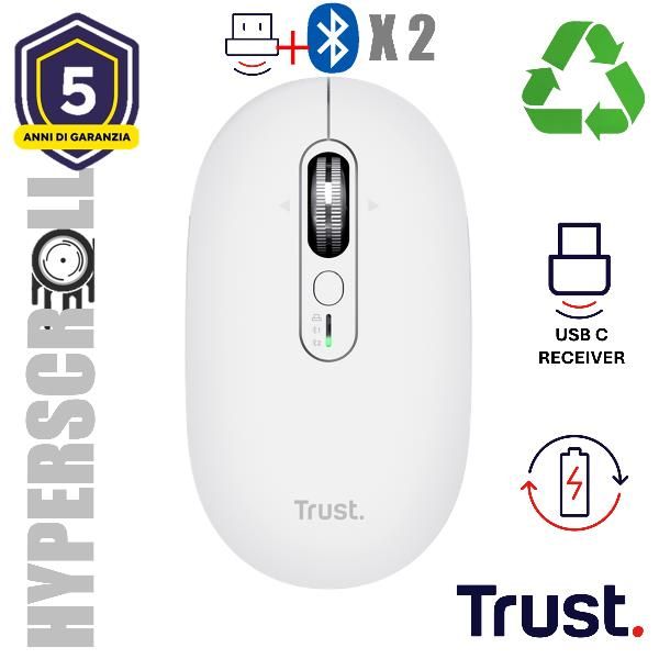 Mouse Trust Wireless Seron Hypscroll Slim 400-2400dpi 6 Botones Recargable Fsc Grs Blanco
