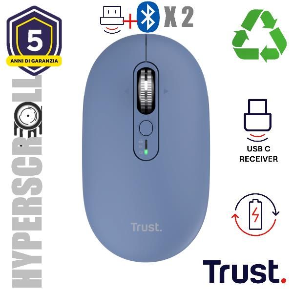 Mouse Trust Wireless Seron Hypscroll Slim 400-2400dpi 6 Botones Recargable Fsc Grs Azul