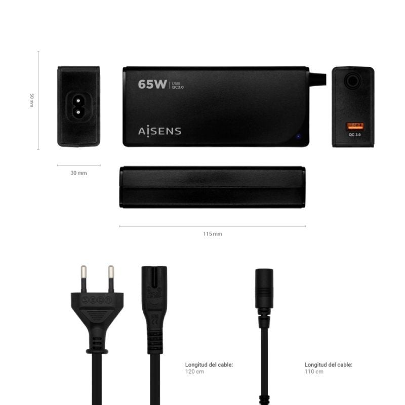 Cargador de Portátil Aisens ASLC-65WAUTO-BK/ 65W/ 1xUSB QC3.0/ Automático/ 9 Conectores/ Voltaje 18.5-20V