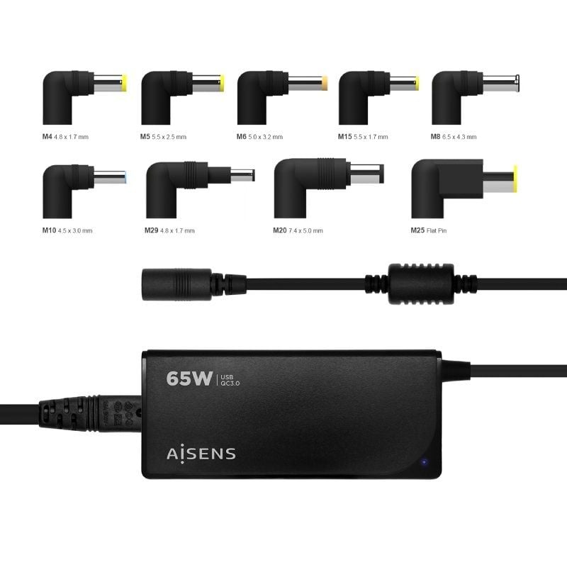 Cargador de Portátil Aisens ASLC-65WAUTO-BK/ 65W/ 1xUSB QC3.0/ Automático/ 9 Conectores/ Voltaje 18.5-20V