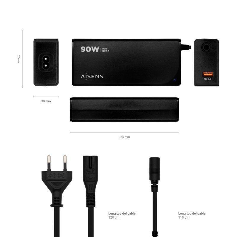 Cargador de Portátil Aisens ASLC-90WAUTO-BK/ 1xUSB/ 90W/ Automático/ 12 Conectores/ Voltaje 15-20V