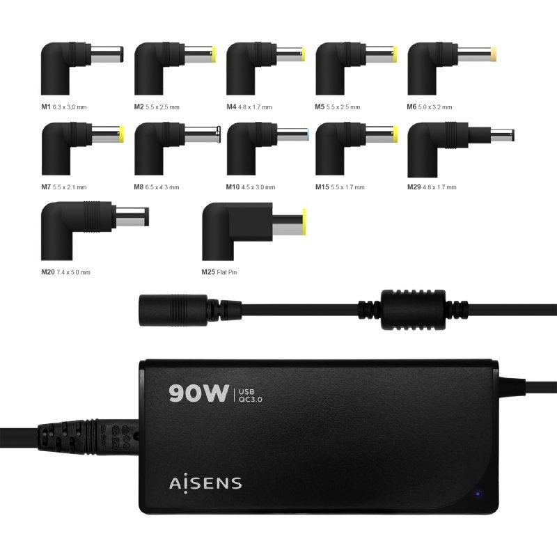 Cargador de Portátil Aisens ASLC-90WAUTO-BK/ 1xUSB/ 90W/ Automático/ 12 Conectores/ Voltaje 15-20V
