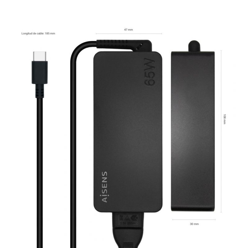 Cargador de Portátil Aisens ASCH-1PD65D-BK/ 1xUSB Tipo-C/ 65W/ Automatico/ Voltaje 5-20V