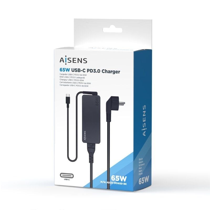 Cargador de Portátil Aisens ASCH-1PD65D-BK/ 1xUSB Tipo-C/ 65W/ Automatico/ Voltaje 5-20V