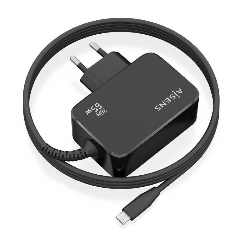 Cargador de Portátil GaN Aisens ASCH-1PD65WL033-BK/ 1xUSB Tipo-C + Cable 1.8m/ 65W/ Automático/ Voltaje 5-20V