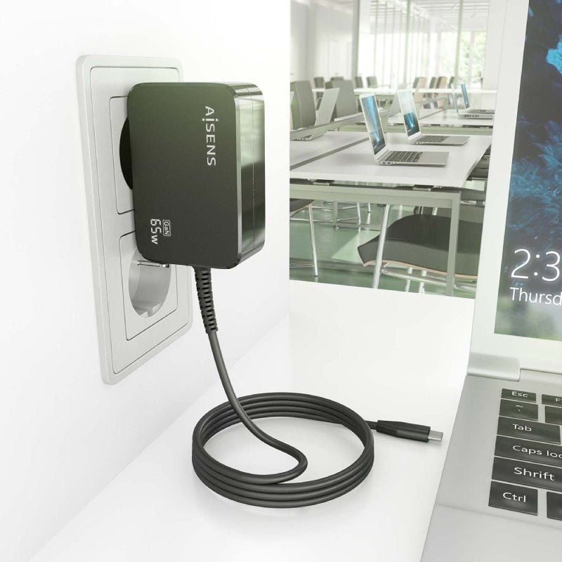 Cargador de Portátil GaN Aisens ASCH-1PD65WL033-BK/ 1xUSB Tipo-C + Cable 1.8m/ 65W/ Automático/ Voltaje 5-20V
