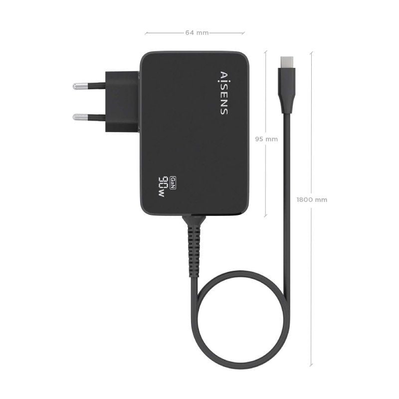 Cargador de Portátil GaN Aisens ASCH-1PD90WL034-BK/ 1xUSB Tipo-C + Cable 1.8m/ 90W/ Automático/ Voltaje 5-20V