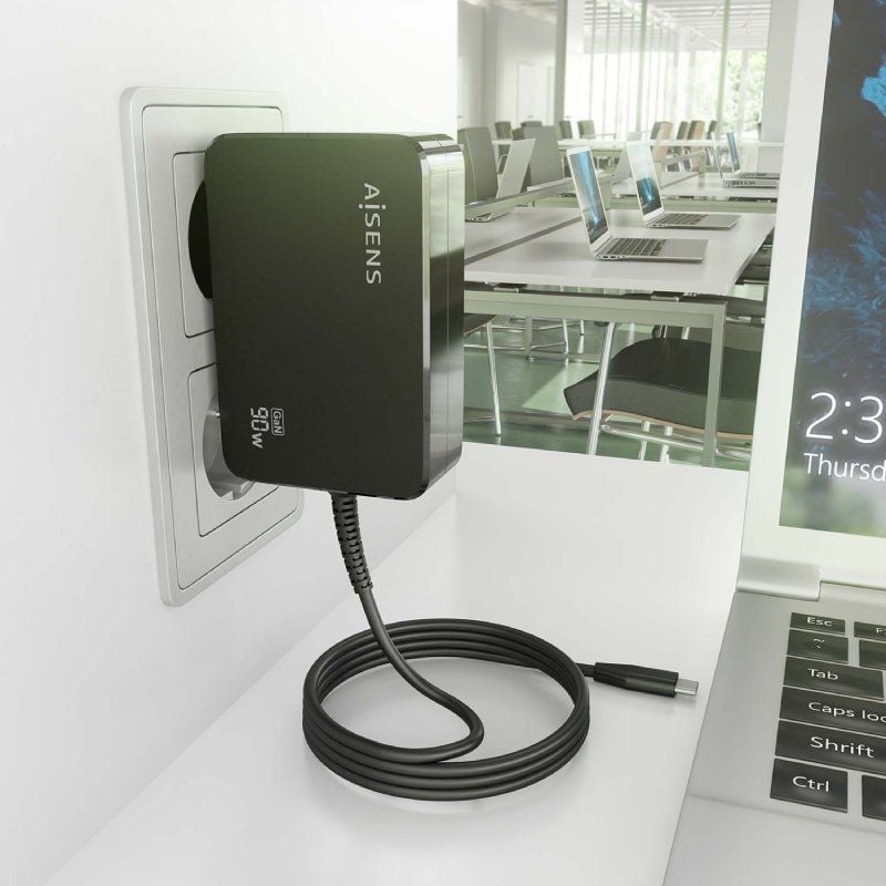 Cargador de Portátil GaN Aisens ASCH-1PD90WL034-BK/ 1xUSB Tipo-C + Cable 1.8m/ 90W/ Automático/ Voltaje 5-20V