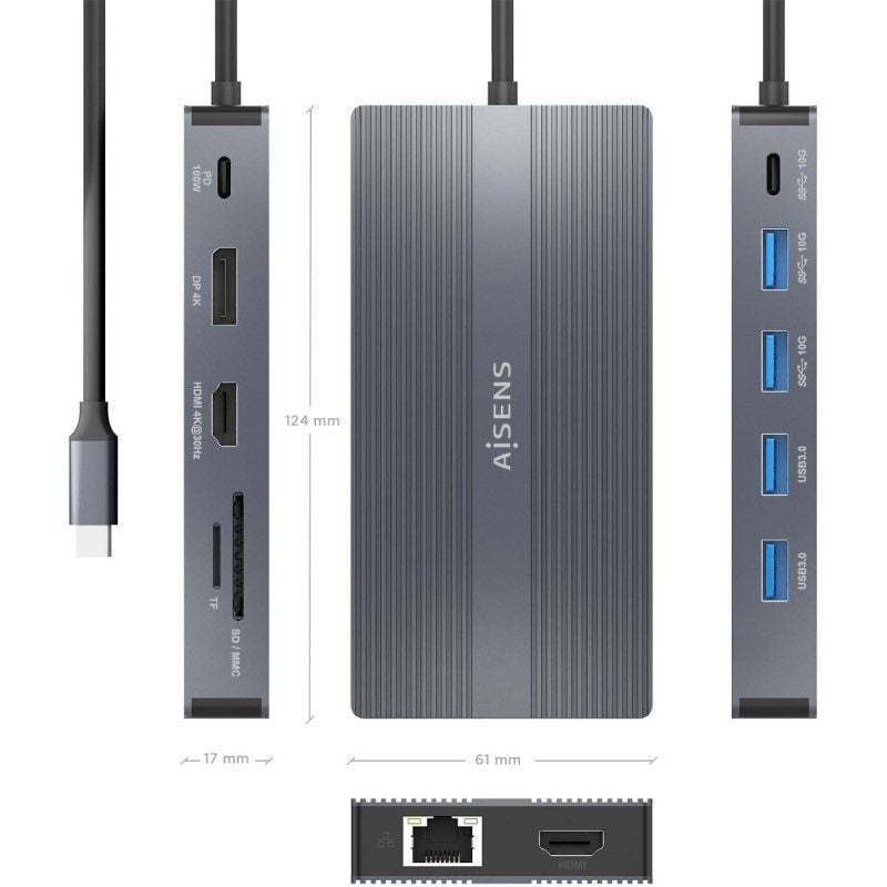 Docking USB Tipo-C Aisens ASUC-12P017-GR/ 2xHDMI 4K/ 4xUSB/ 1xUSB Tipo-C/ 1xRJ45/ 1xDisplayPort/ 1xLector Tarjetas/ 1xUSB Tipo-C PD/ Gris