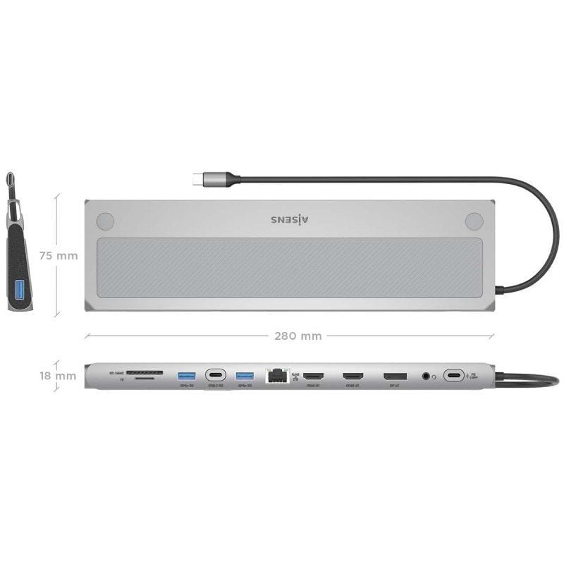 Docking USB Tipo-C Aisens ASUC-12P020-GR/ 2xHDMI 4K/ 3xUSB/ 1xUSB Tipo-C/ 1xRJ45/ 1xDisplayPort/ 1xLector Tarjetas/ 1xUSB Tipo-C PD/ Gris