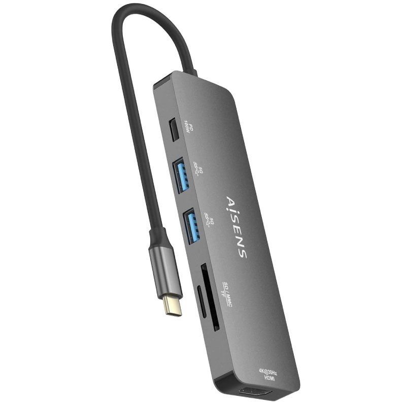Docking USB Tipo-C Aisens ASUC-6P016-GR/ 1xHDMI 4K/ 2xUSB/ 1xLector Tarjetas/ 1xUSB Tipo-C PD/ Gris
