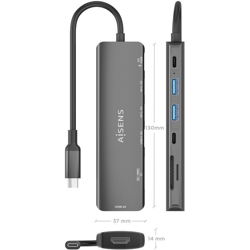 Docking USB Tipo-C Aisens ASUC-7P026-GR/ 1xHDMI 4K/ 2xUSB/ 1xUSB Tipo-C / 1xUSB Tipo-C PD/ 1xLector Tarjetas/ Gris