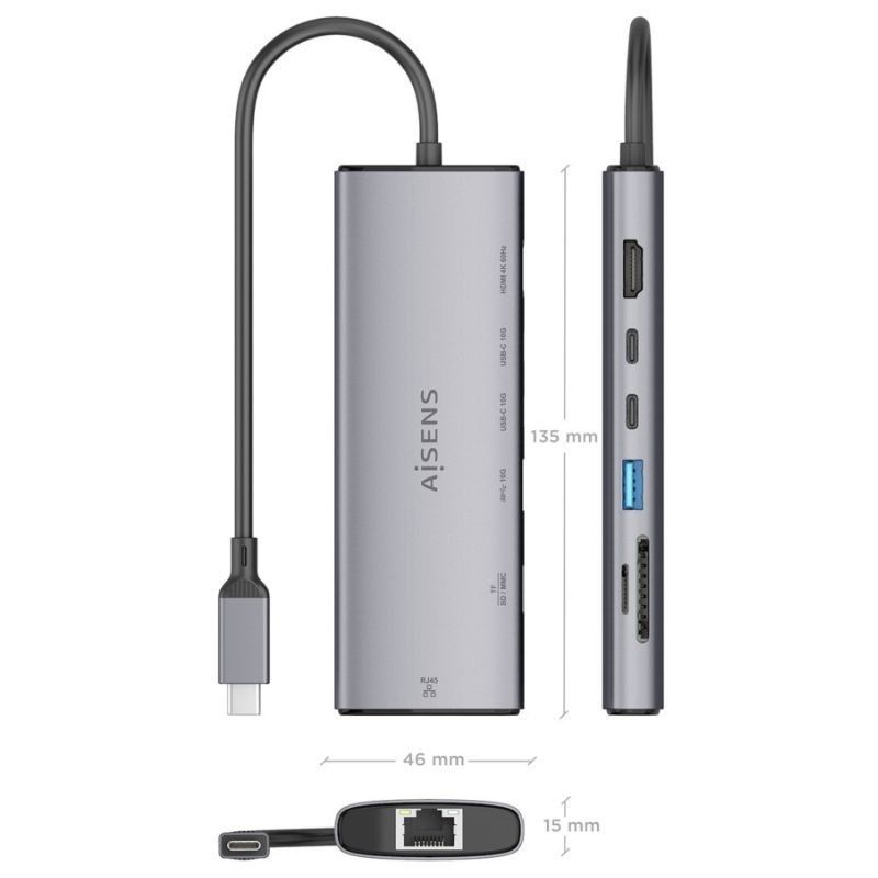 Docking USB Tipo-C Aisens ASUC-7P032-GR/ 1xHDMI 4K/ 1xUSB/ 2xUSB Tipo-C/ 1xRJ45/ 1xLector Tarjetas/ Gris