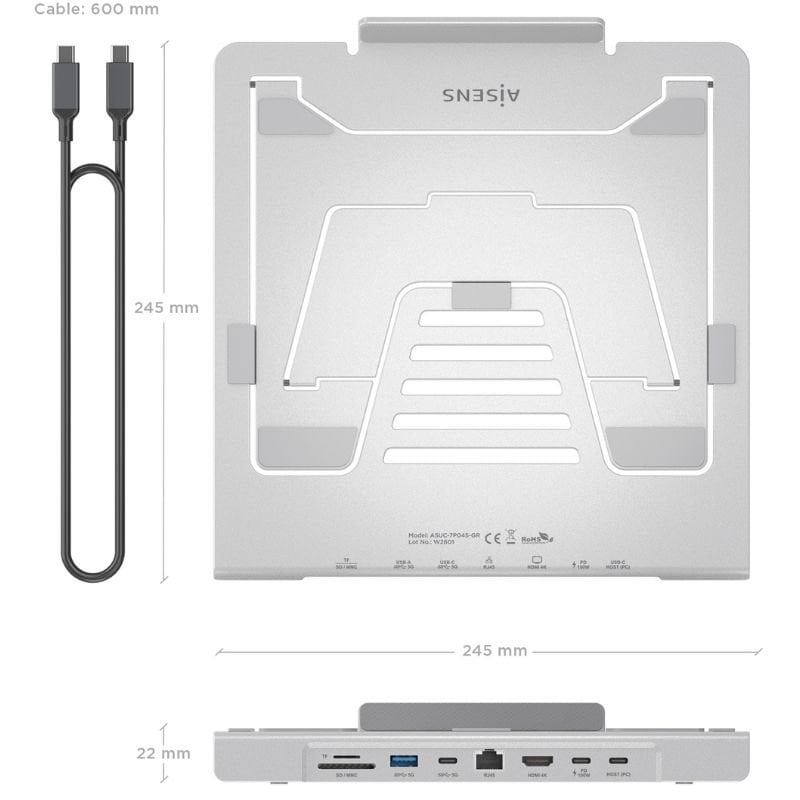 Soporte de Sobremesa - Docking USB Tipo-C Aisens ASUC-7P045-GR/ 1xUSB/ 1xUSB Tipo-C/ 1xHDMI/ 1xRJ45/ 1xLector de Tarjetas/ 1xUSB Tipo-C PD/ Gris