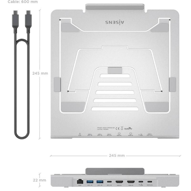 Soporte de Sobremesa - Docking USB Tipo-C Aisens ASUC-7P046-GR/ 2xUSB/ 1xUSB Tipo-C/ 2xHDMI/ 1xRJ45/ 1xUSB Tipo-C PD/ Gris