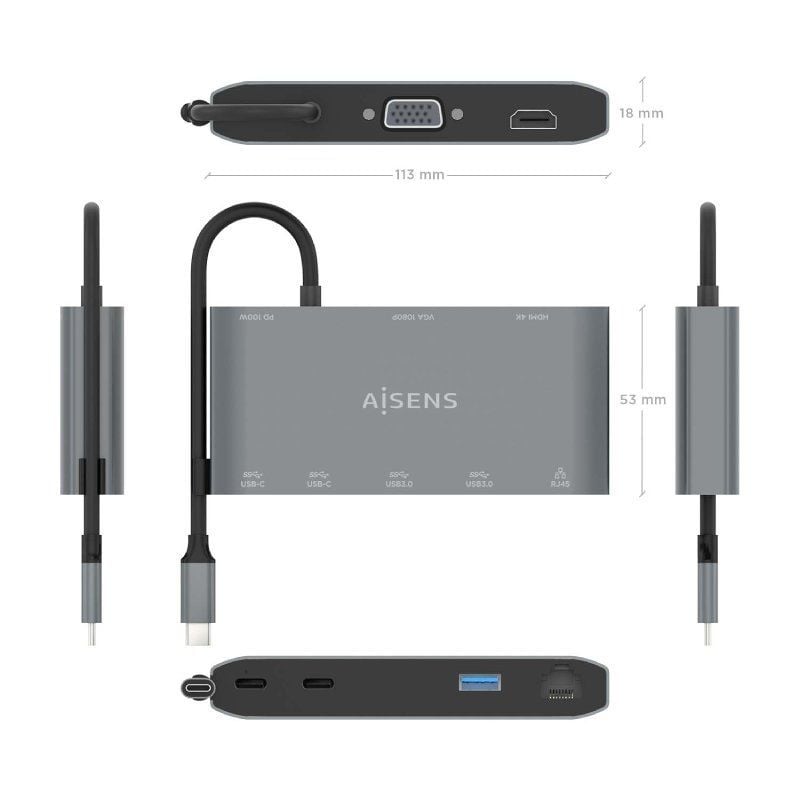Docking USB Tipo-C Aisens ASUC-8P010-GR/ 1xHDMI 4K/ 1xVGA/ 2xUSB/ 1xRJ45/ 2xUSB Tipo-C/ 1xUSB Tipo-C PD/ Gris