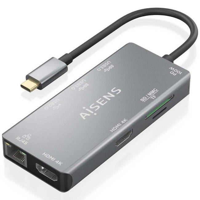Docking USB Tipo-C Aisens ASUC-9P018-GR/ 2xHDMI 4K/ 3xUSB/ 1xRJ45/ 1xLector Tarjetas/ 1xUSB Tipo-C PD/ Gris Hover Image