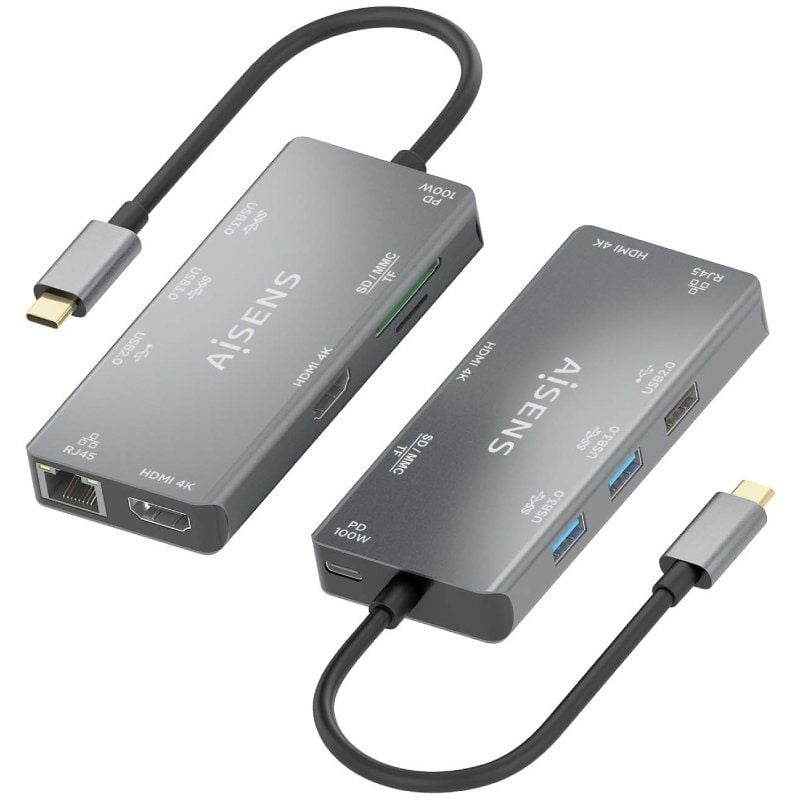 Docking USB Tipo-C Aisens ASUC-9P018-GR/ 2xHDMI 4K/ 3xUSB/ 1xRJ45/ 1xLector Tarjetas/ 1xUSB Tipo-C PD/ Gris