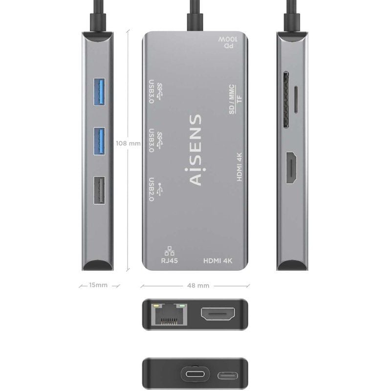 Docking USB Tipo-C Aisens ASUC-9P018-GR/ 2xHDMI 4K/ 3xUSB/ 1xRJ45/ 1xLector Tarjetas/ 1xUSB Tipo-C PD/ Gris