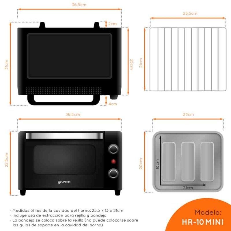 Horno de Sobremesa Grunkel HR-10MINI/ 1600W/ Capacidad 10L/ Negro