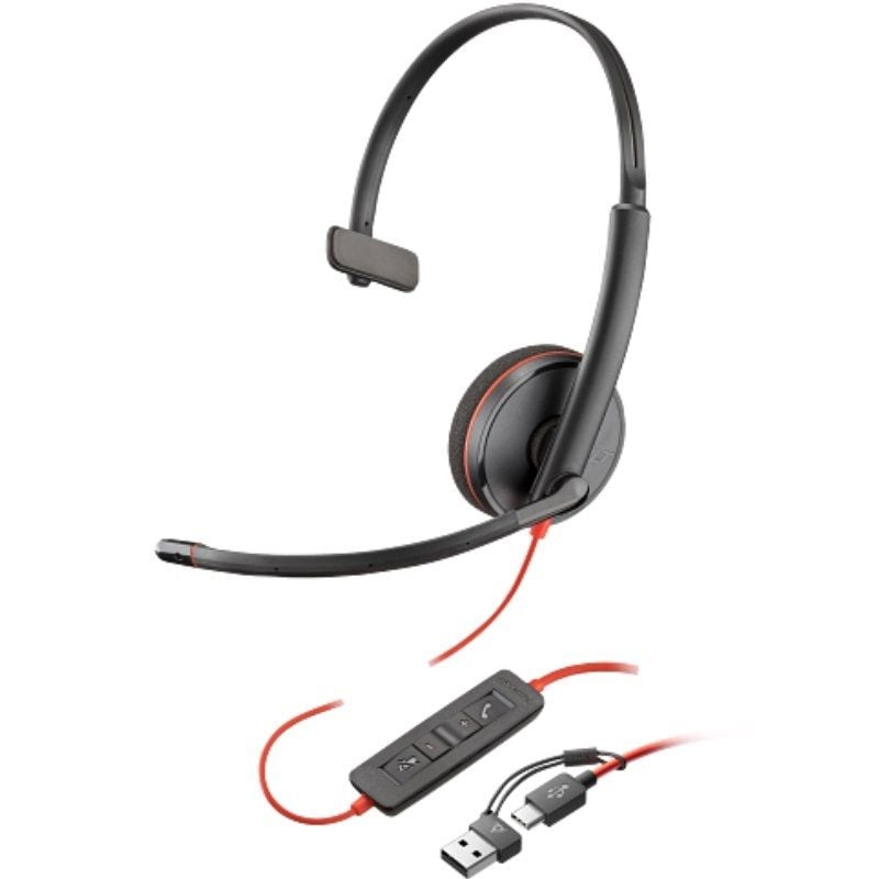 Auricular Poly Blackwire 3210 + Adaptador USB-C/A/ con Micrófono/ USB Tipo-C/ Bulk/ Negro