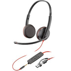 Auriculares Poly Blackwire 3225 + Adaptador USB-C/A/ con Micrófono/ Jack 3.5mm/ Negro