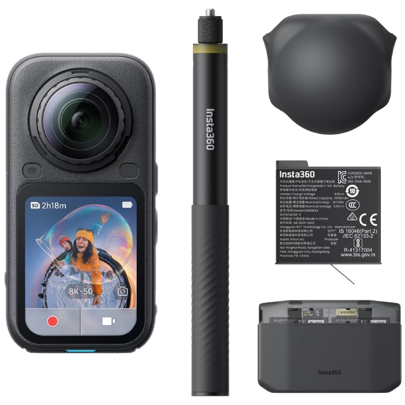 Cámara Digital Deportiva Insta360 X6 Pack Essential/ 8K/ ngulo de visión 360/ Negra/ Incluye Stick, Baterías, Bolsa y Capuchón de Lente