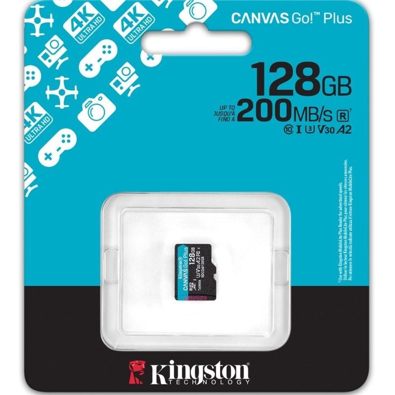Tarjeta de Memoria Kingston CANVAS Go! Plus 128GB microSD XC/ Clase 10/ 200MBs