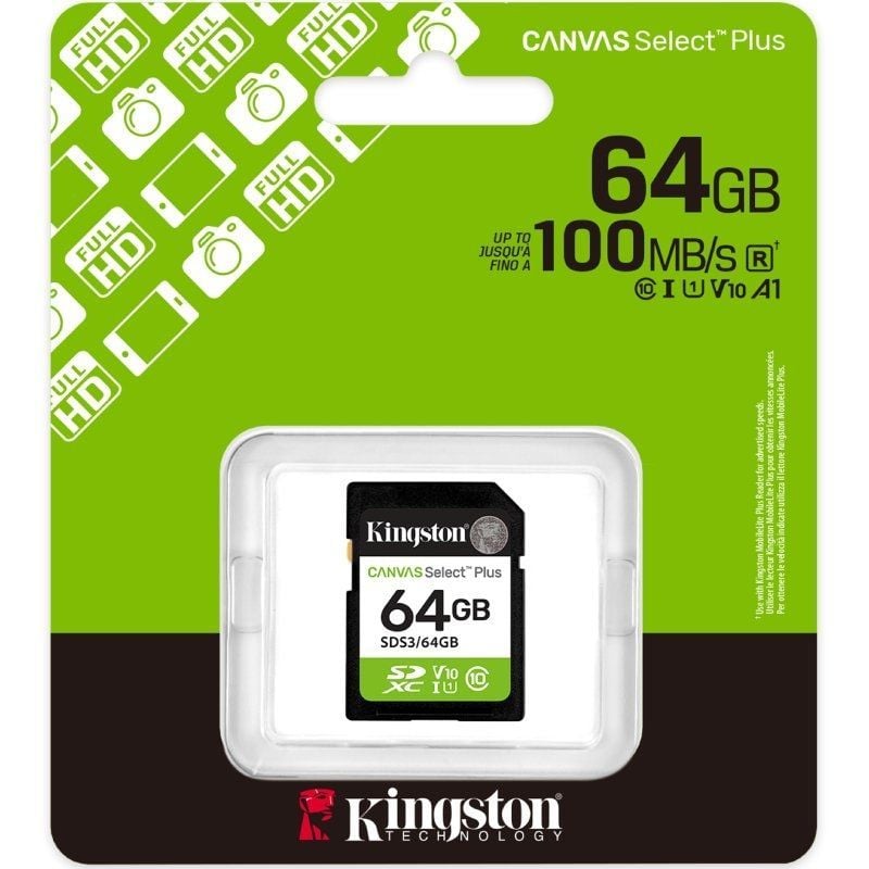 Tarjeta de Memoria Kingston CANVAS Select Plus 64GB SD XC/ Clase 10/ 100MBs