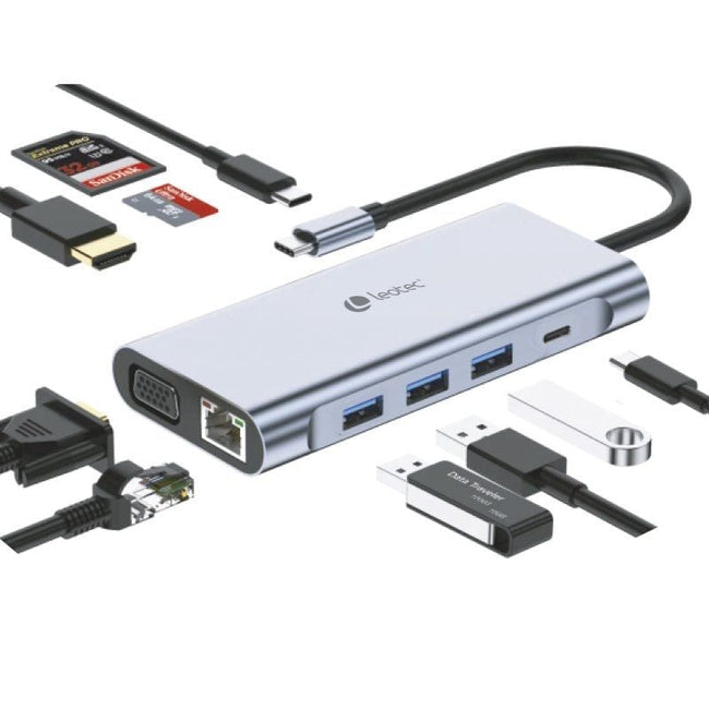 Docking USB Tipo-C Leotec LEDS01/ 3xUSB/ 2xUSB Tipo-C/ 1xUSB Tipo-C PD/ 1xHDMI 4K/ 1xVGA/ 1xRJ45/ 1xAudio/ 1xLector Tarjetas SD y MicroSD/ Gris Hover Image