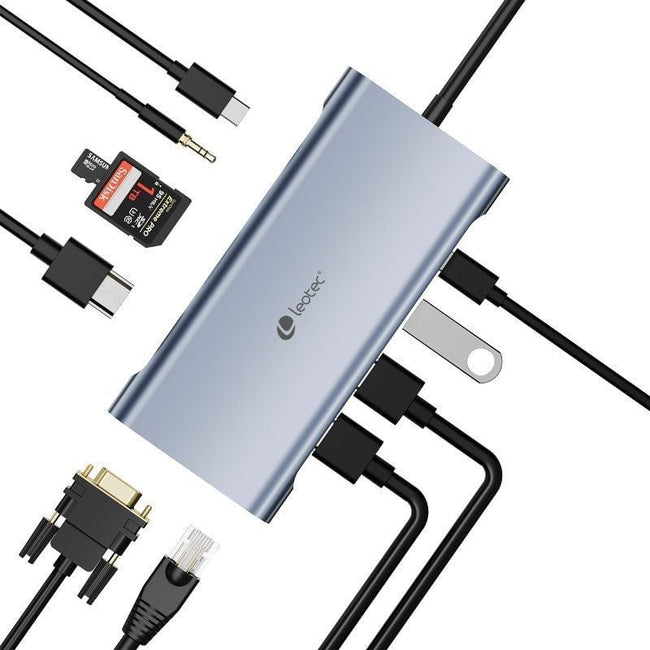 Docking USB Tipo-C Leotec LEDS01/ 3xUSB/ 2xUSB Tipo-C/ 1xUSB Tipo-C PD/ 1xHDMI 4K/ 1xVGA/ 1xRJ45/ 1xAudio/ 1xLector Tarjetas SD y MicroSD/ Gris Main Image
