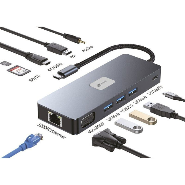 Docking USB Tipo-C Leotec LEDS03/ 3xUSB/ 1xUSB Tipo-C PD/ 1xHDMI 4K/ 1xDisplayPort/ 1xVGA/ 1xAudio/ 1xRJ45/ 1xLector Tarjetas SD y MicroSD/ Gris Hover Image