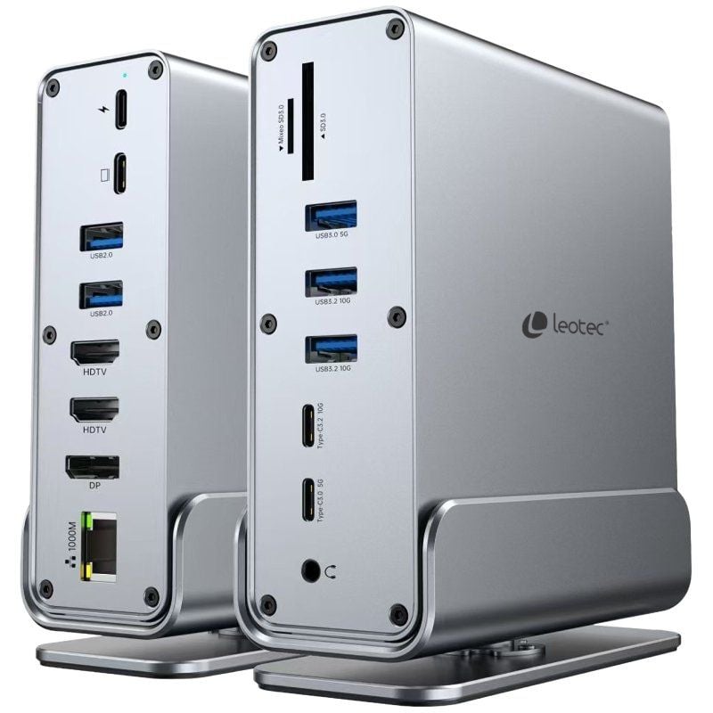 Docking USB Tipo-C Leotec LEDS06/ 5xUSB/ 2xUSB Tipo-C/ 1xUSB Tipo-C PD/ 1xDisplayPort/ 2xHDMI 4K/ 1xRJ45/ 1xJack 3.5/ 1xLector de Tarjetas/ Gris
