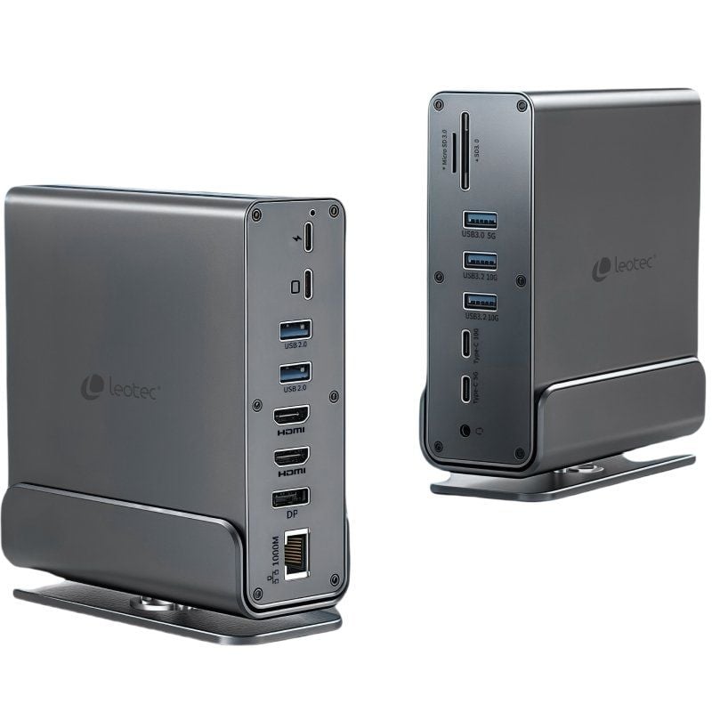 Docking USB Tipo-C Leotec LEDS06/ 5xUSB/ 2xUSB Tipo-C/ 1xUSB Tipo-C PD/ 1xDisplayPort/ 2xHDMI 4K/ 1xRJ45/ 1xJack 3.5/ 1xLector de Tarjetas/ Gris