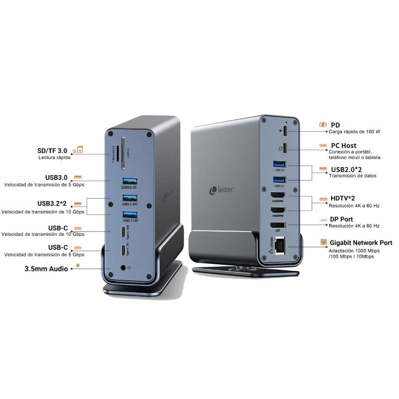 Docking USB Tipo-C Leotec LEDS06/ 5xUSB/ 2xUSB Tipo-C/ 1xUSB Tipo-C PD/ 1xDisplayPort/ 2xHDMI 4K/ 1xRJ45/ 1xJack 3.5/ 1xLector de Tarjetas/ Gris