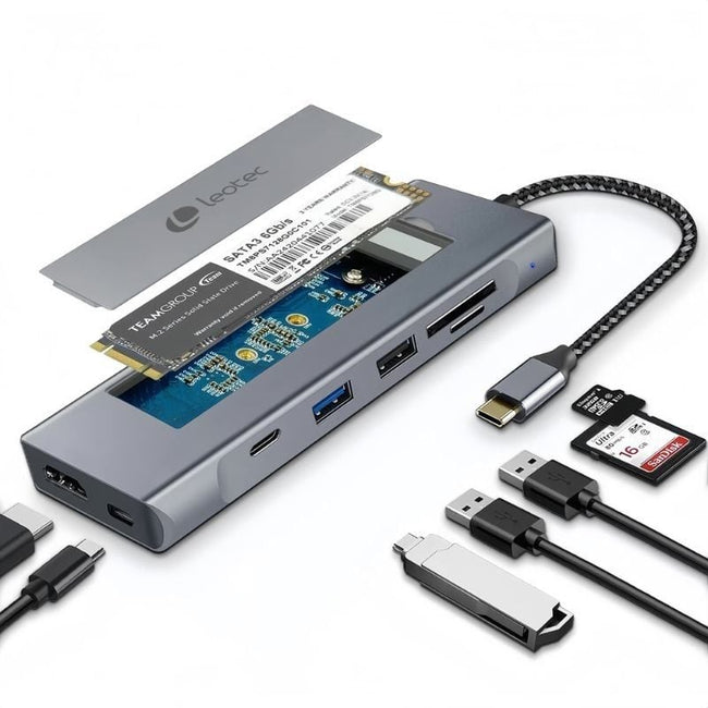 Docking USB Tipo-C Leotec LEDS07/ Ranura SSD M.2/ 2xUSB/ 1xUSB Tipo-C/ 1xHDMI 4K/ 1xLector Tarjetas SD y MicroSD/ 1xUSB Tipo-C PD Hover Image