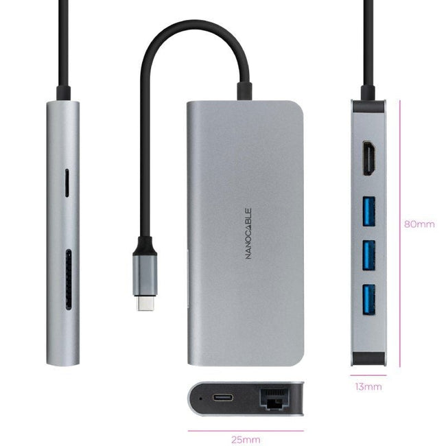 Docking Tipo-C Nanocable 10.16.4609/ 3xUSB/ 1xHDMI 4K/ 1xRJ45/ 1xLector tarjetas/ 1xUSB Tipo-C PD/ Gris Main Image