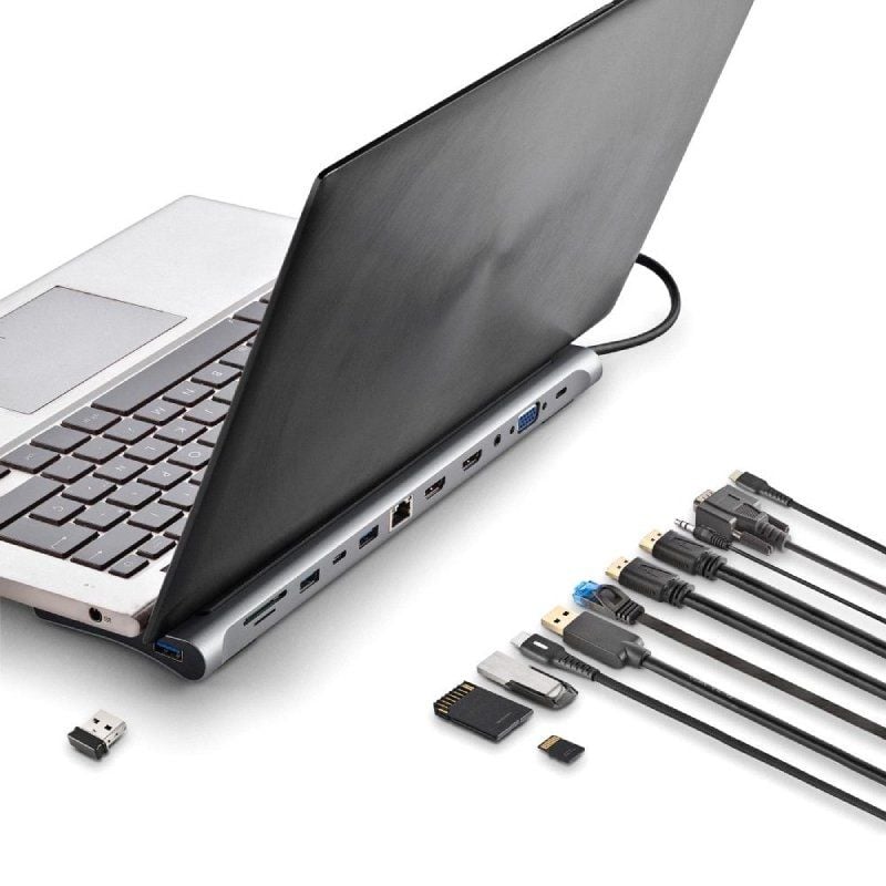 Docking USB Tipo-C NGS WonderDock12/ 3xUSB/ 2xHDMI 4K/ 1xVGA/ 1xRJ45/ 1xLector de Tarjetas/ 1xJack 3.5/ 1xUSB Tipo-C PD/ Gris