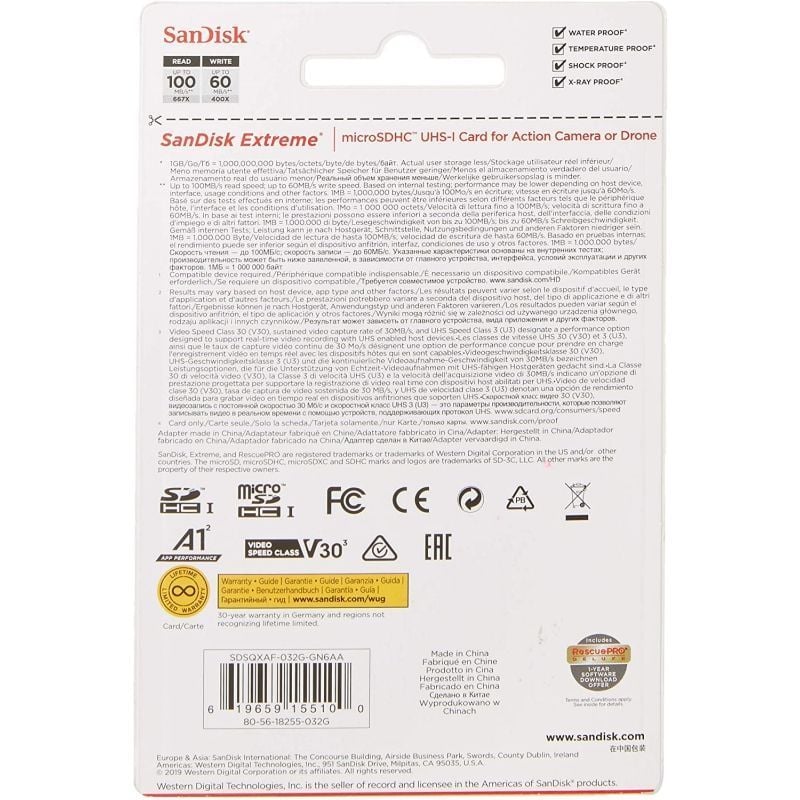 Tarjeta de Memoria SanDisk Extreme 32GB microSD HC UHS-I con Adaptador/ Clase 10/ 100MBs