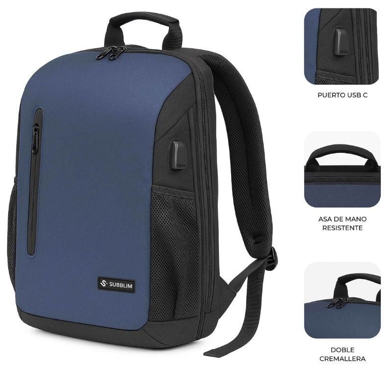 Mochila Subblim Xpand Air Padding Backpack para Portátiles hasta 15.6"/ 21L/ Puerto USB/ Azul