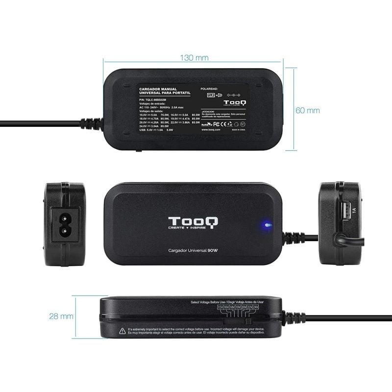 Cargador de Portátil TooQ TQLC-90BS02M/ 1xUSB/ 90W/ Manual/ 12 Conectores/ Voltaje 15-24V