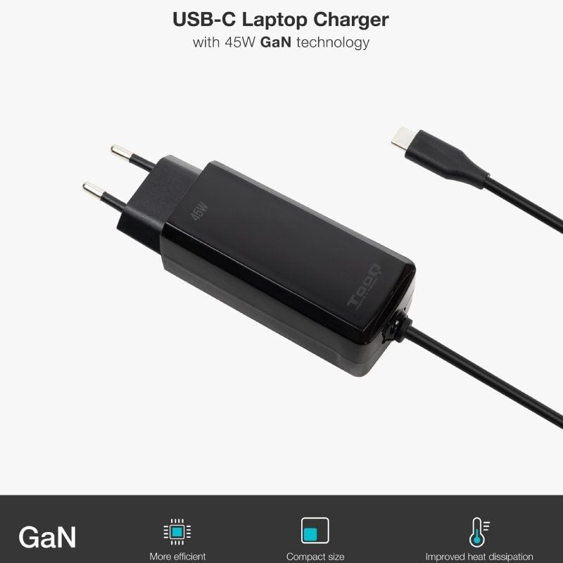 Cargador de Portátil GaN TooQ TQLC-USBCGAN100PD-C USB Tipo-C/ 45W/ Automático/ Voltaje 5-20V