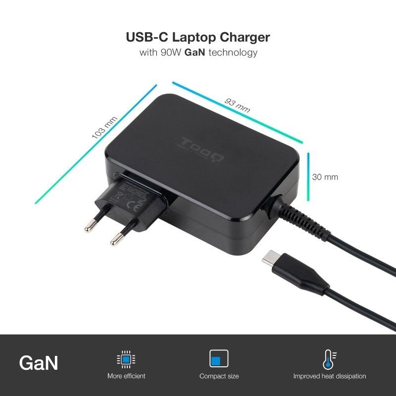 Cargador de Portátil GaN TooQ TQLC-USBCGAN90PD/ 1xUSB Tipo-C/ 90W/ Automático/ Voltaje 5-20V