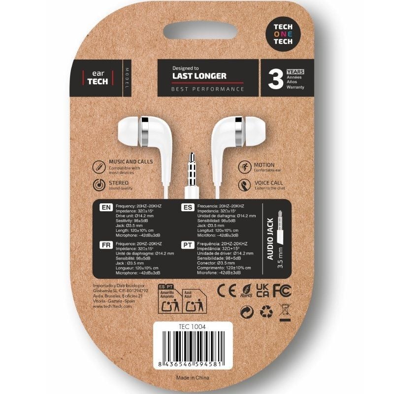 Auriculares Intrauditivos Tech One Tech soft earTECH TEC1004/ con Micrófono/ Jack 3.5/ Blancos