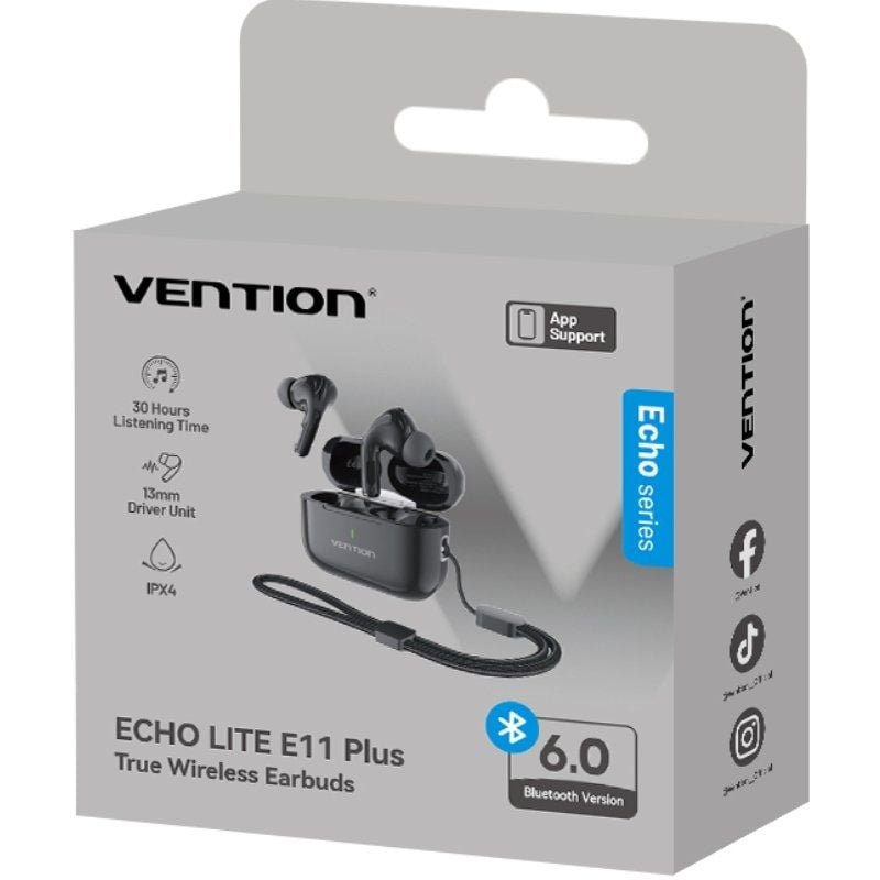 Auriculares Bluetooth Vention Echo Lite E11 Plus con estuche de carga/ Autonomía 6h/ Negros