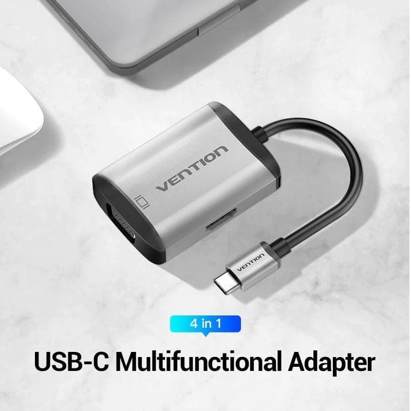 Conversor Vention TFAHB/ 1xUSB/ 1xHDMI/ 1xVGA/ 1xUSB Tipo-C PD/ Gris